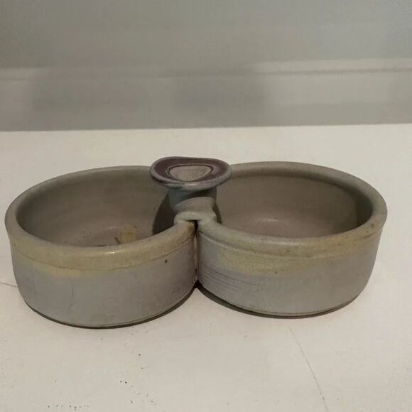 Dual Dish Bowl 7" Spoon Stoneware Pottery Handcrafted Condiment Dip Handle - Picture 5 of 12